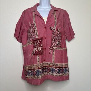 Bobbie Brooks Woman Layered Blouse Embroidery Applique Paisley Red 18W/20W